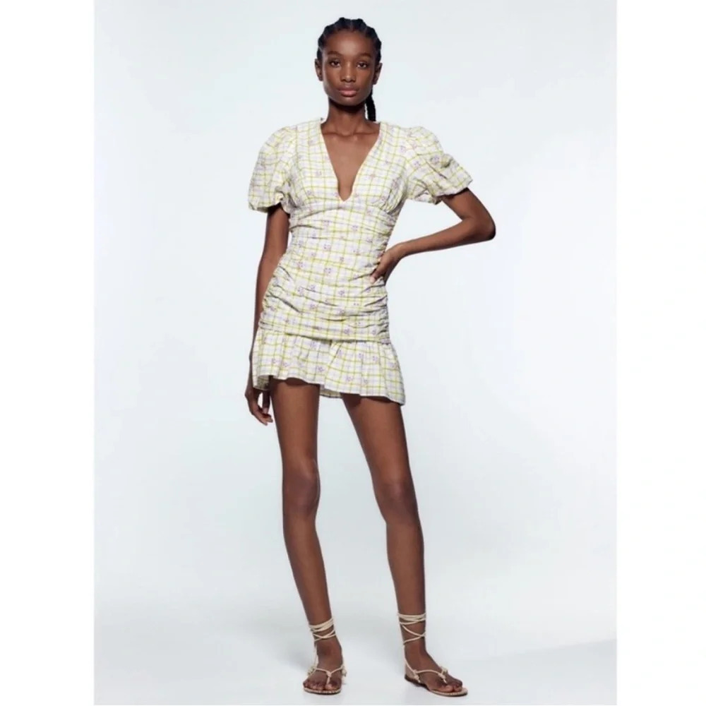 Zara Purple Floral Puff Sleeve Gingham Mini Dress - White/Purple - Small
